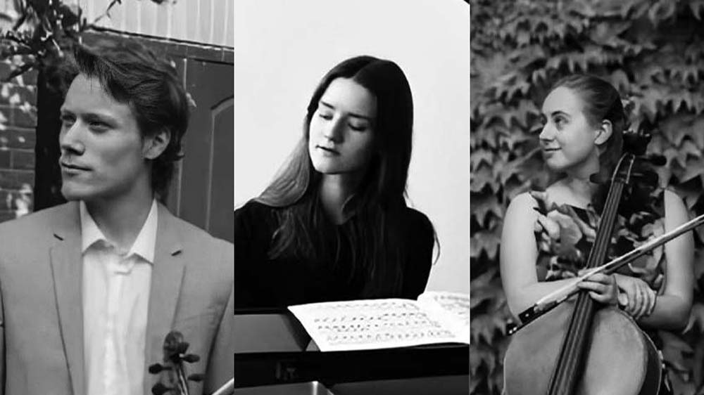 Graphic triptych showing the two women (pianist and cellist) and one man (violinist) who comprise the Ardentia Trio