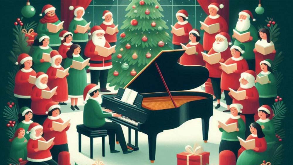 Illustration of a Christmas carol choir accompanied by a pianist. The choir is dressed in Santa costumes and the pianist is dressed as a elf.