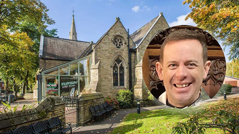 Emmanuel is a Victorian stone church with Gothic windows and a glass porch. A circular inset photo shows Mark Hewerdine.