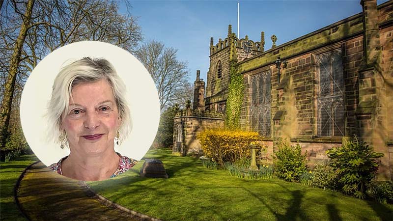 View of St James church from the south side, with ahead and shoulders inset of Mandy Mullins