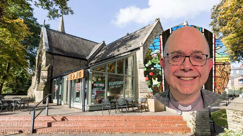 A view of the entrance to Emmanuel, a stone church building with a modern glass extension. There are outdoor tables and chairs on a brick patio surrounded by trees. A circular inset photo shows Jeremy Law.
