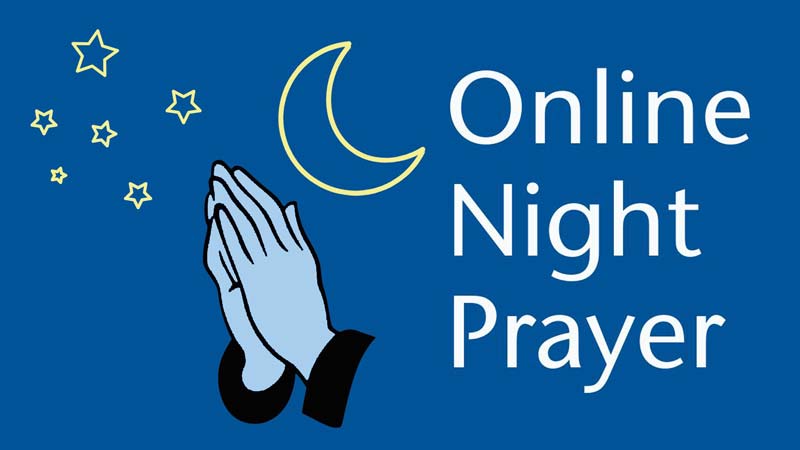 Illustration of praying hands with stars and a crescent moon in the background