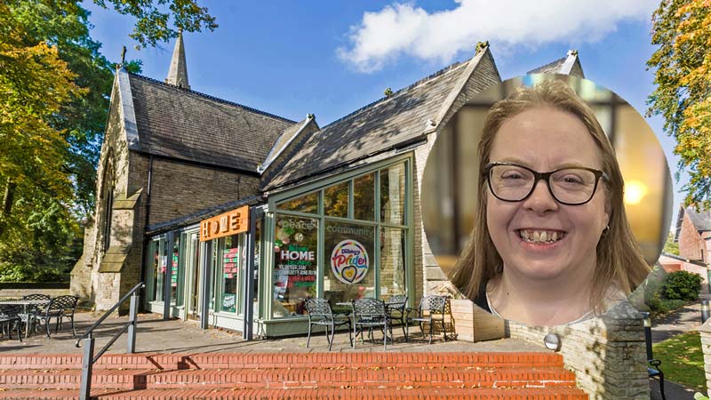 A view of the entrance to Emmanuel, a stone church building with a modern glass extension. There are outdoor tables and chairs on a brick patio surrounded by trees. A circular inset photo shows a smiling Vicky McQuarrie.
