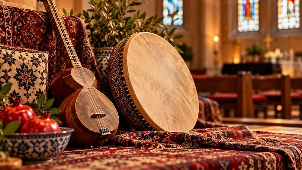 AI generated image showing an Iranian stringed instrument and percussion instrument, both in a church setting with stained glass windows in the background